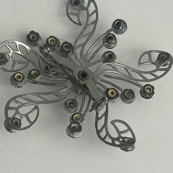 VTG Brooch Blue Rhinestones Star Burst Snowflake Art Deco Silver Tone - Picture 6 of 10